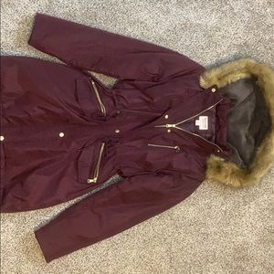 Burgundy wringer coat. Very warm!